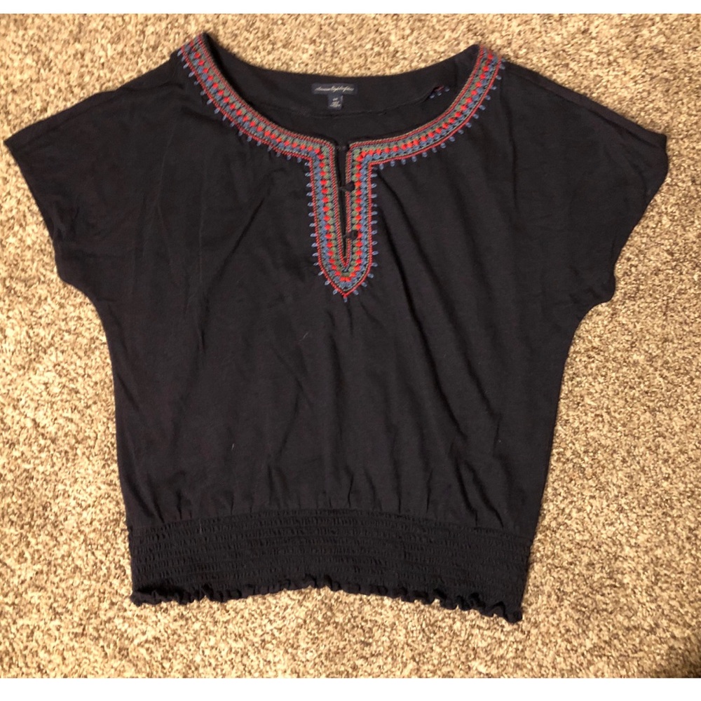 AEO Navy Blue Bohemian Blouse Embroidered Neckline